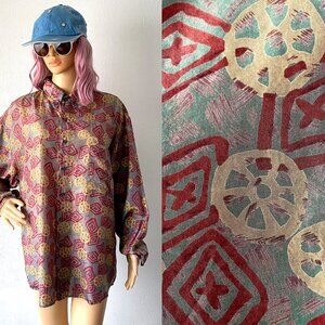 Vintage Silk Button Down Oversized Shirt Streetwear Bohemian Blouse Artsy Top L